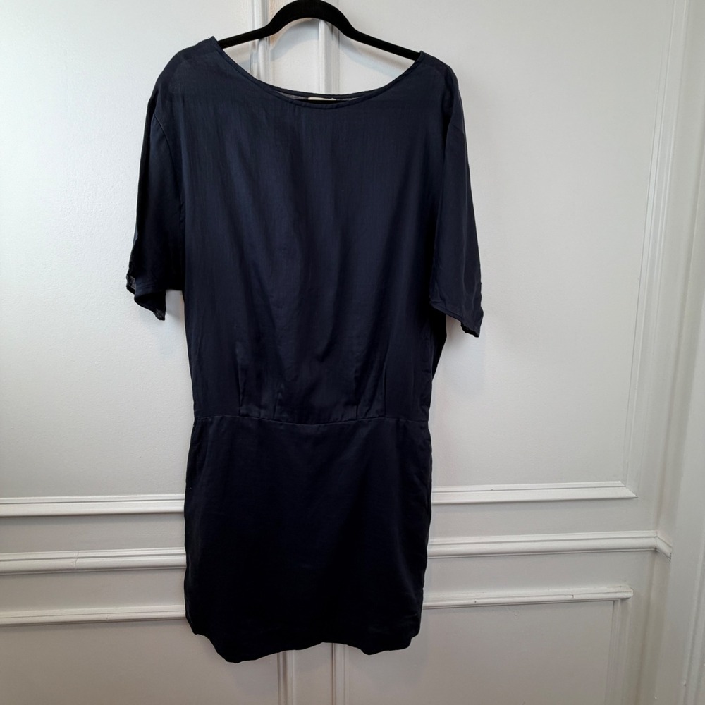 Dace Navy Blue Cotton Short Sleeve Shift Dress Mustard Contrast Waist Pockets M